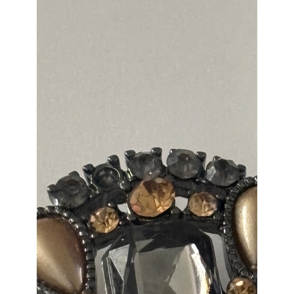 Monet Vintage Round Brooch Gunmetal Smoky Grey & Amber-Tone Rhinestone Old Money - Picture 2 of 8